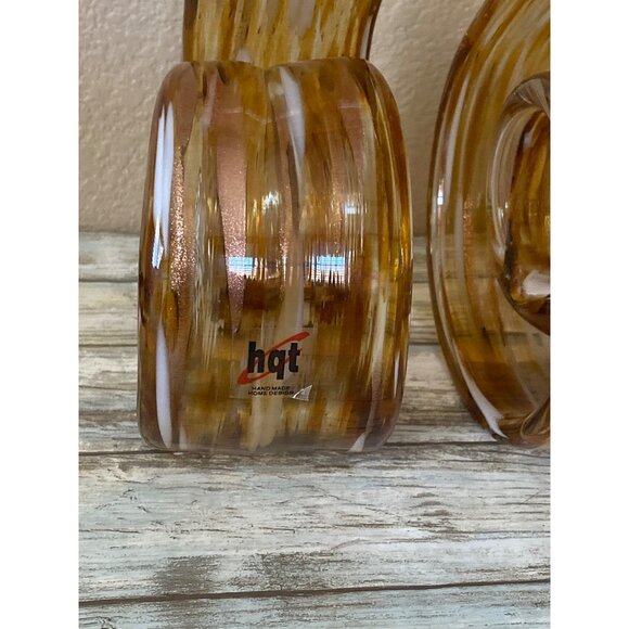 HQT Handcrafted Amber Swirl Art Glass Sculptures 12" – Set of 2 Murano Style Fla - Picture 11 of 13